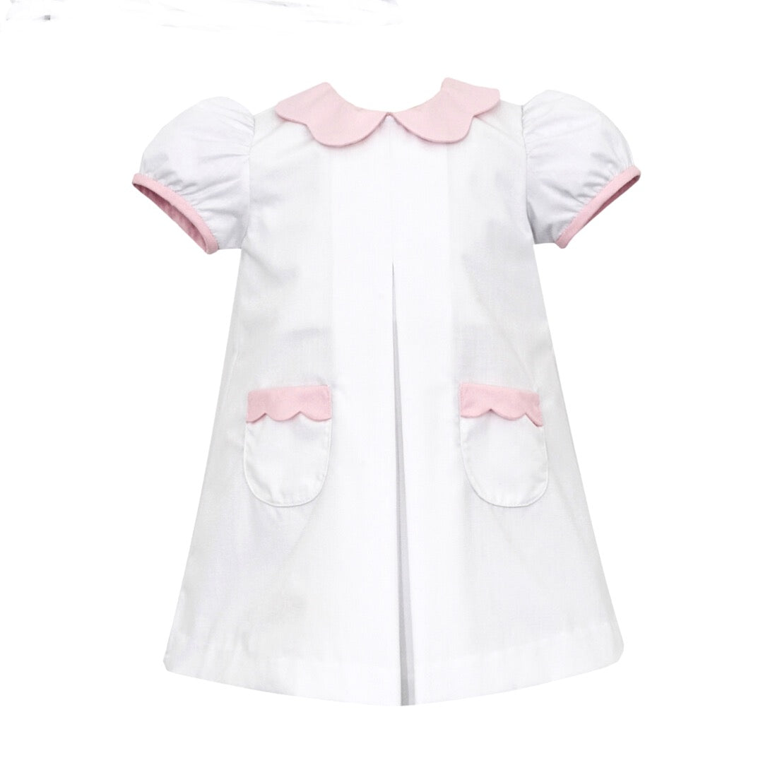 Petit Bebe White Poplin Dress, Pink Scalloped Collar