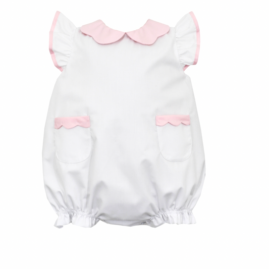 Petit Bebe White Poplin Bubble, Pink Scalloped Collar