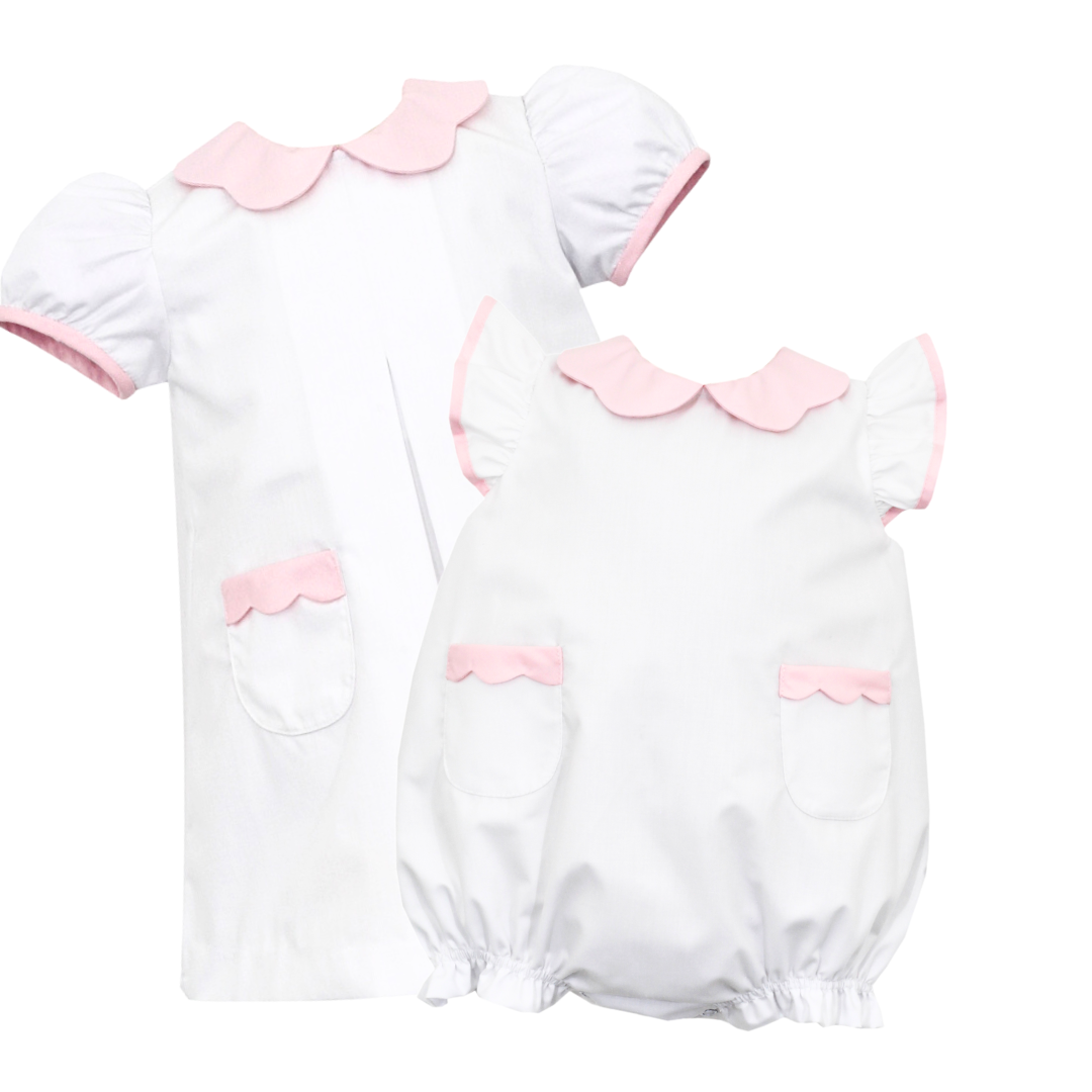 Petit Bebe White Poplin Bubble, Pink Scalloped Collar