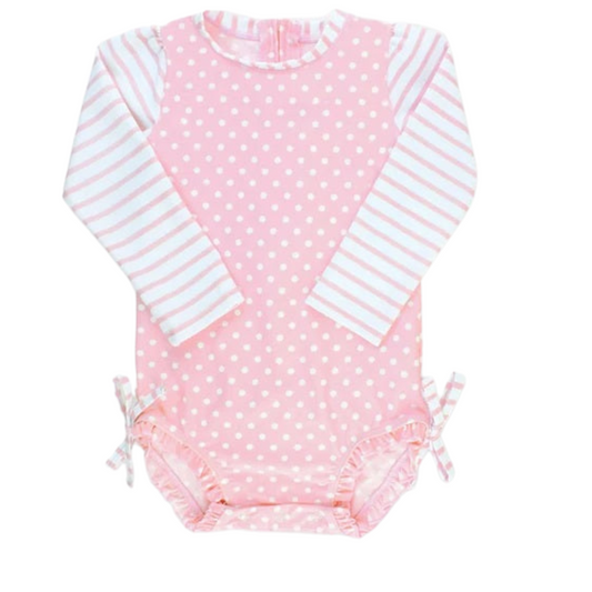 Ruffle Butts One Piece Pink Dot Rash Guard