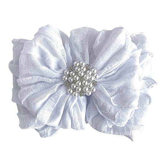 In Awe Ruffled Headband White Pearl Rhinestone