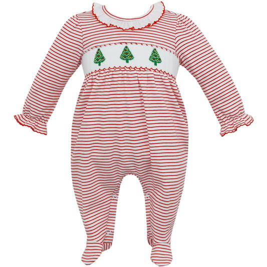 Holiday Trees Girl Footie Red Stripe