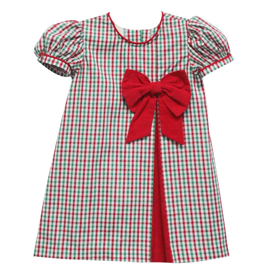 Girl Julie Bow Festive Plaid Short Sleeve Dress