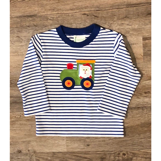 Christmas Santa Train Royal Stripe Applique Shirt