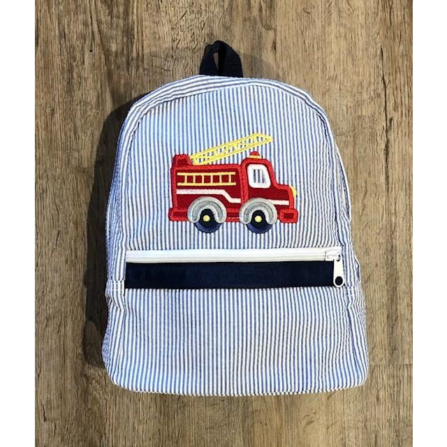 Seersucker Navy Backpack - Firetruck Applique