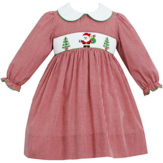 Santa Tree Smocked Float Dress Red Long Sleeve