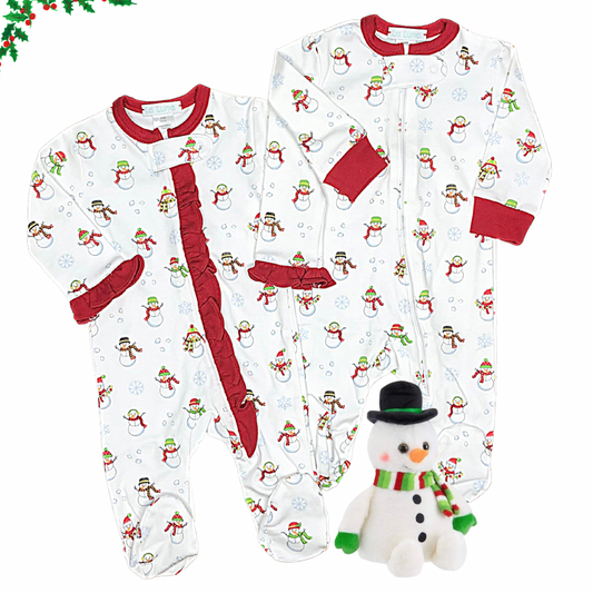 Christmas Girls Snowman Print Zipper Footie