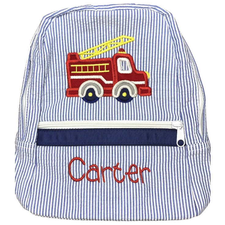 Seersucker Navy Backpack - Firetruck Applique