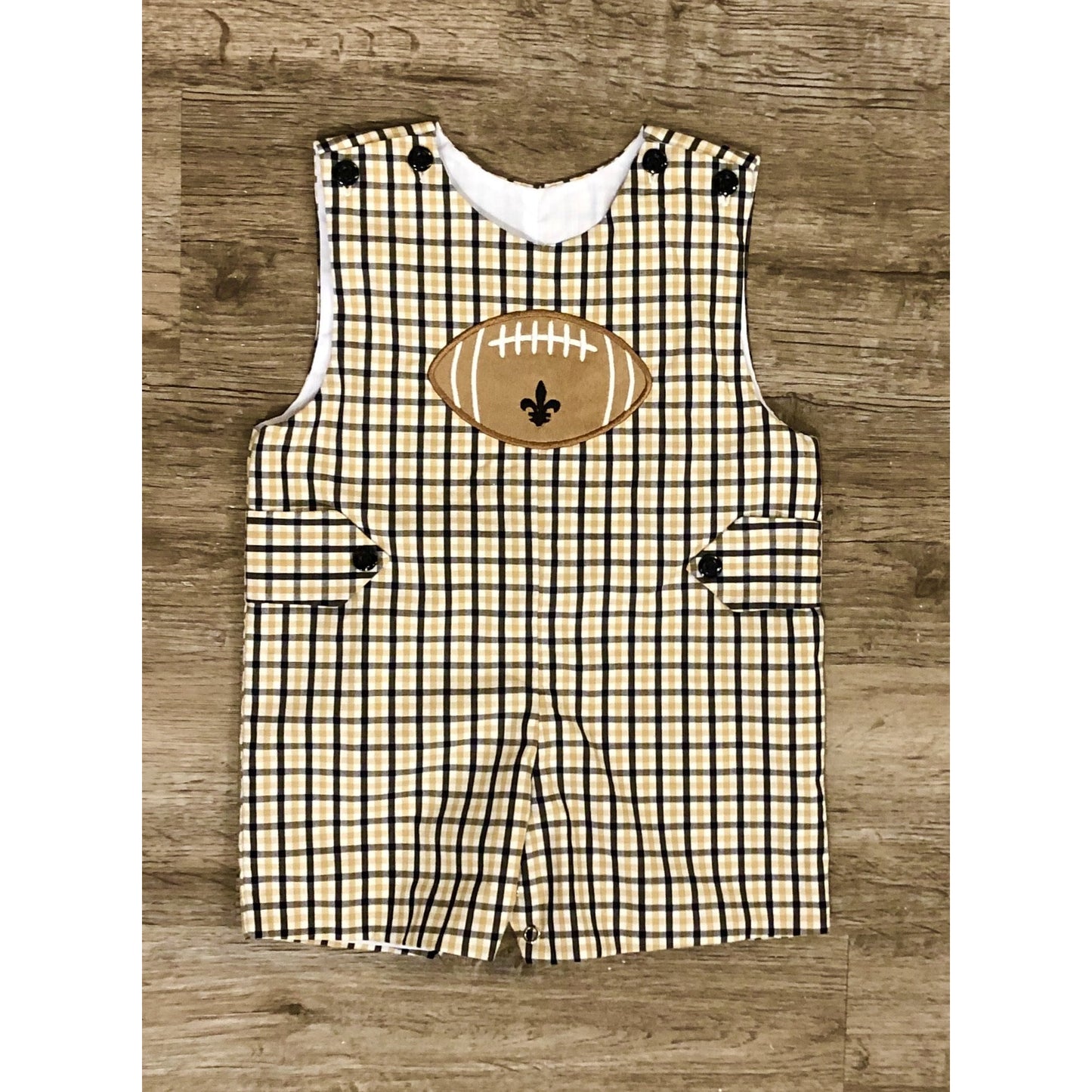 Lulu Bebe Boys Plaid Saints Shortall Football Applique