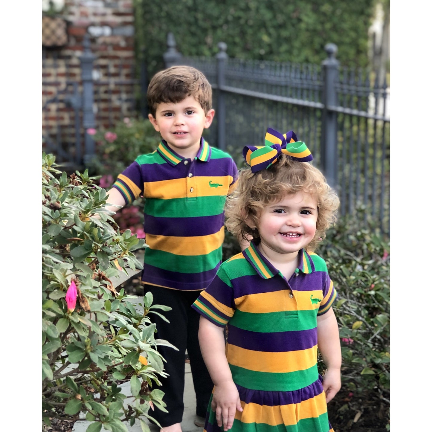 Mardi Gras Polo Shirt Purple Green Gold Stripe Short Sleeve